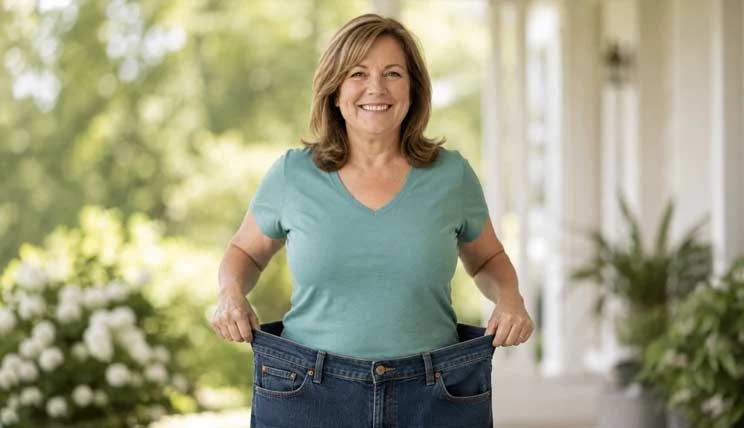A smiling woman holding out the waistband of her old, much larger jeans to show her weight loss.
