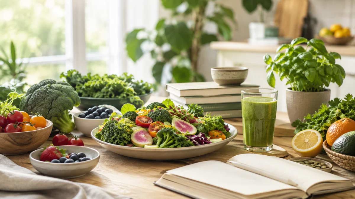 A kitchen table with a large vegetable salad, a green smoothie, fresh produce, and an open journal.