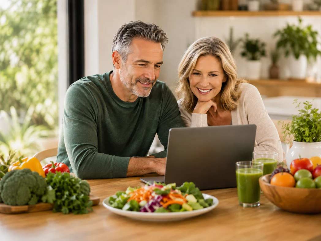 A smiling couple watching an online course on a laptop at a kitchen table with salad, green smoothies, and fresh produce.