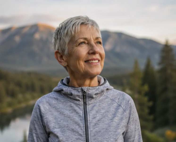A smiling woman with short silver hair outdoors in front of mountains and a lake.