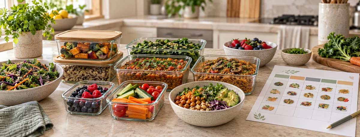 Meal-prep containers of Nutritarian dishes on a kitchen counter beside a printed weekly menu