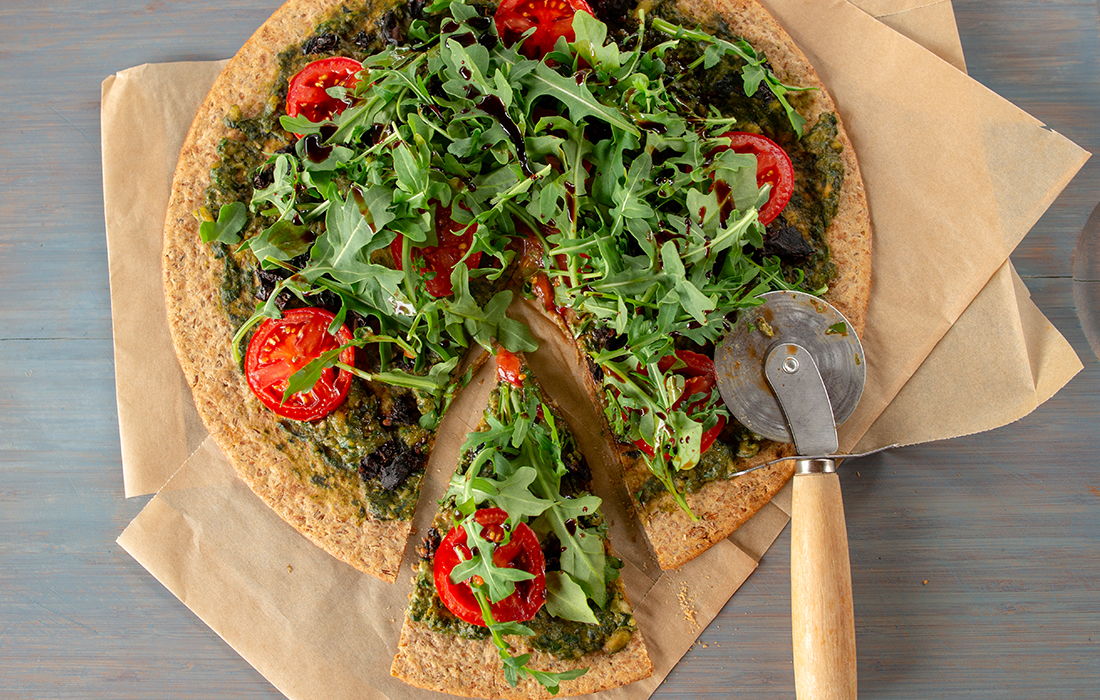 Pesto Pizza with Tomatoes, Arugula and Balsamic Glaze