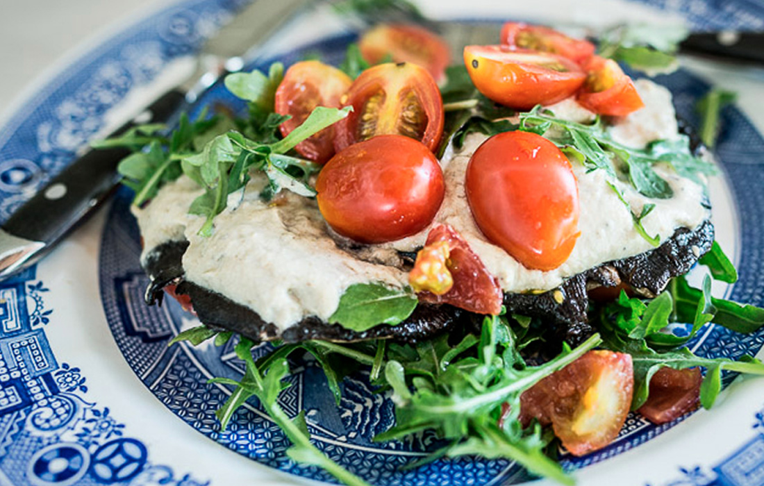 Portobello Mushrooms topped with Eggplant Dip, Arugula and Tomatoes