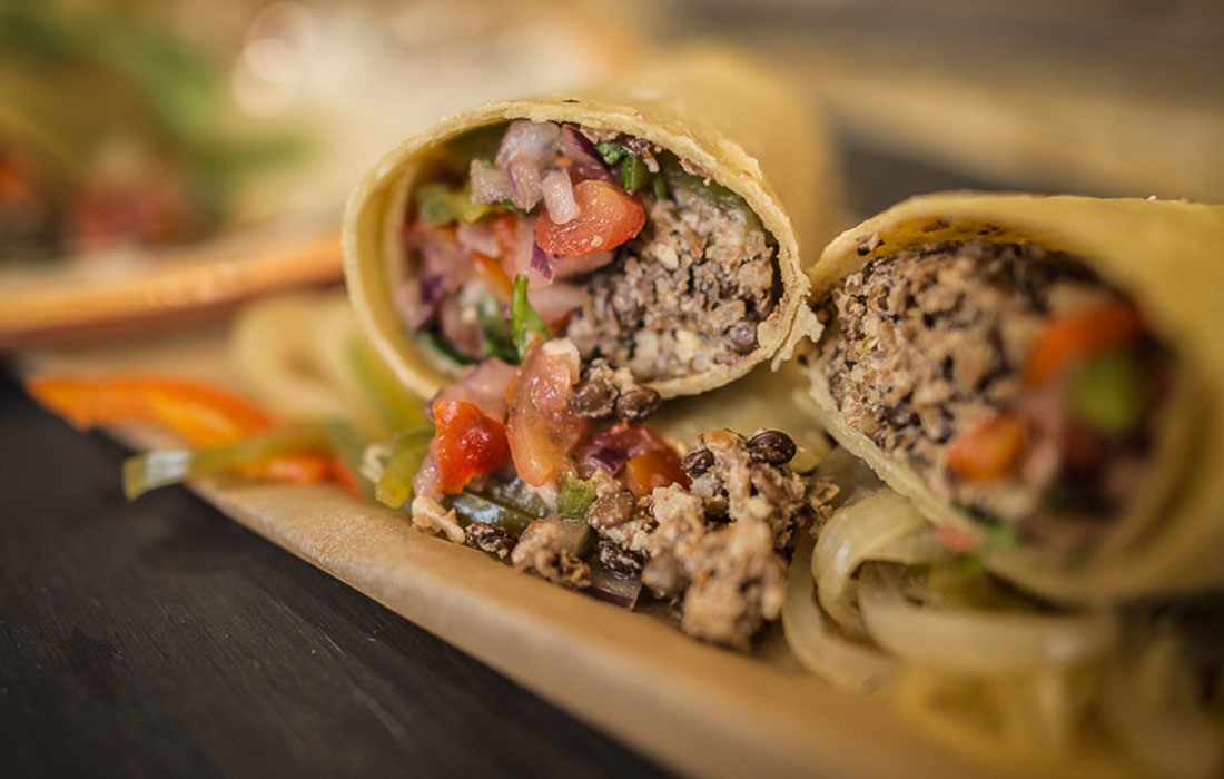 Lentil Walnut Burritos with Peppers, Onions and Salsa