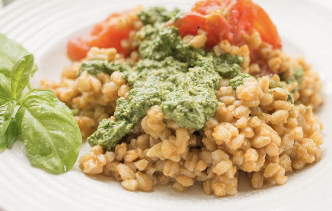 Farro Risotto with Spinach Walnut Pesto and Roasted Tomatoes