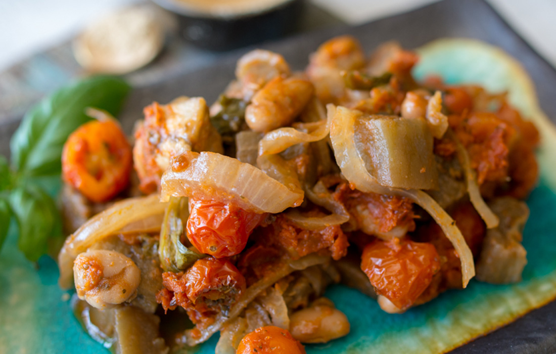 Eggplant with Greens and White Beans