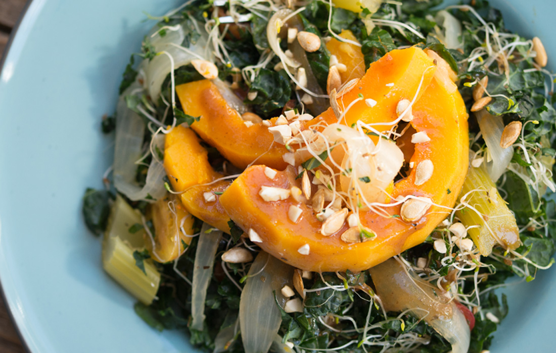 Ginger Poached Butternut Squash Salad with Kale, Bean Sprouts and Warm